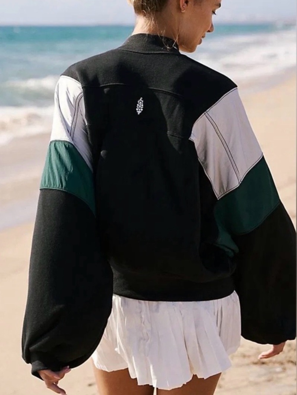 Free People Black Zip-Up Bomber Jacket with Green & White Colorblock